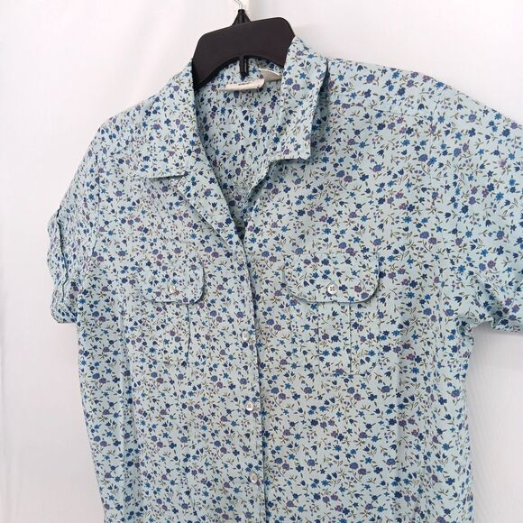 Basic Editions Shirt Women Medium Light Blue Mini Floral Short Sleeve Button Up - Picture 2 of 5
